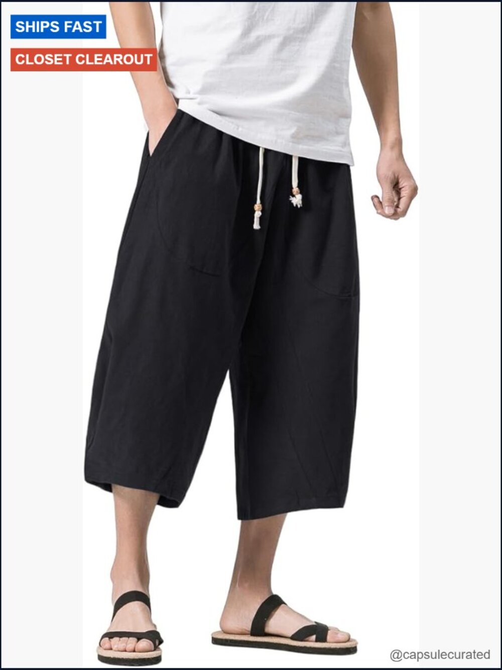 Men's Cotton Capri Pants Loose Fit Elastic Waist Drawstring Wide Leg Harem Pants